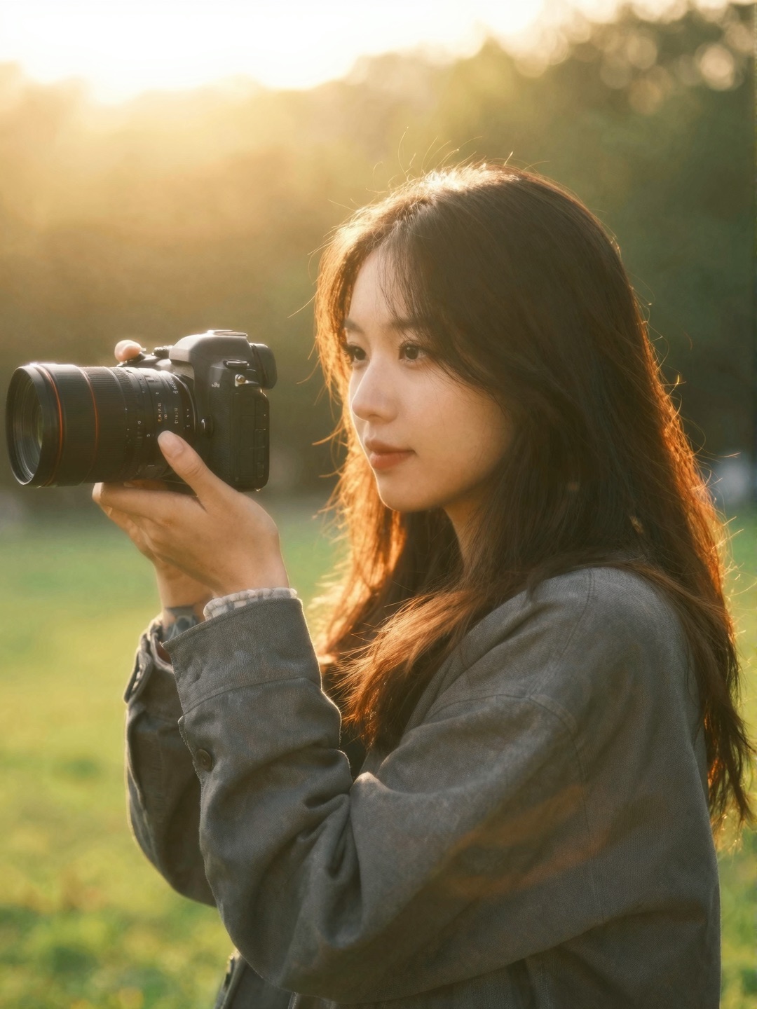 golden-hour-natural-light-portrait Female photographer holding DSLR camera outdoors during golden hour in park, portrait-style photography shot | Sky Rye Design Golden hour natural light photography portrait with warm backlight and a camera