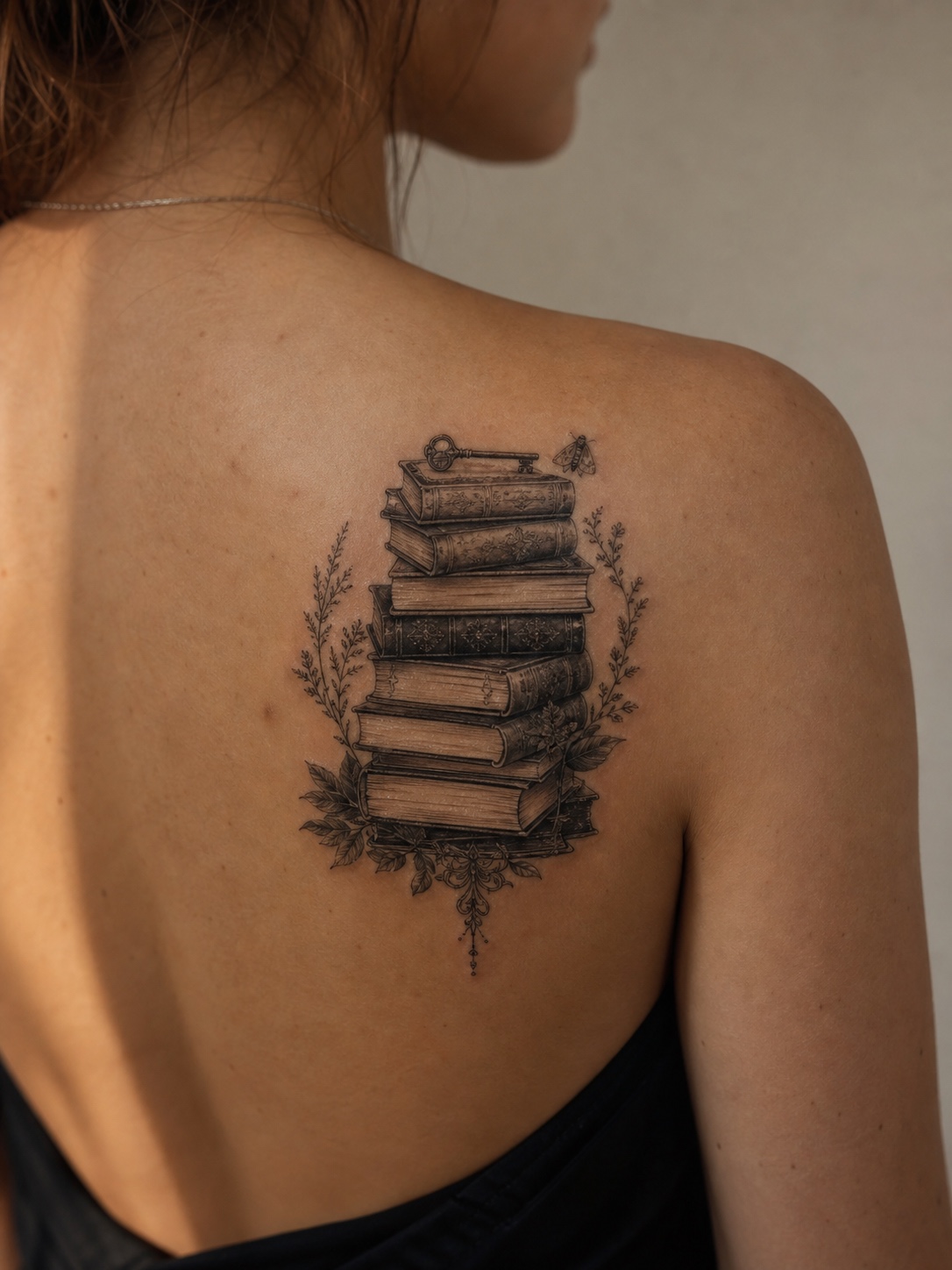 Gothic stacked books tattoo on the upper back with a small key, moth, and botanical details.