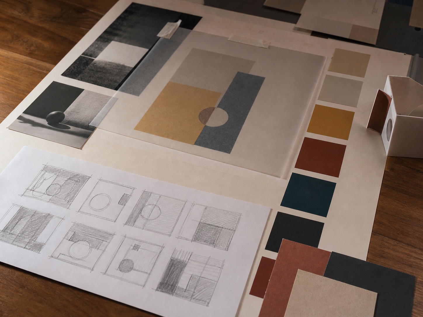 Close-up design board with thumbnail sketches, translucent grid paper, color chips, and layered geometric forms for practicing composition.