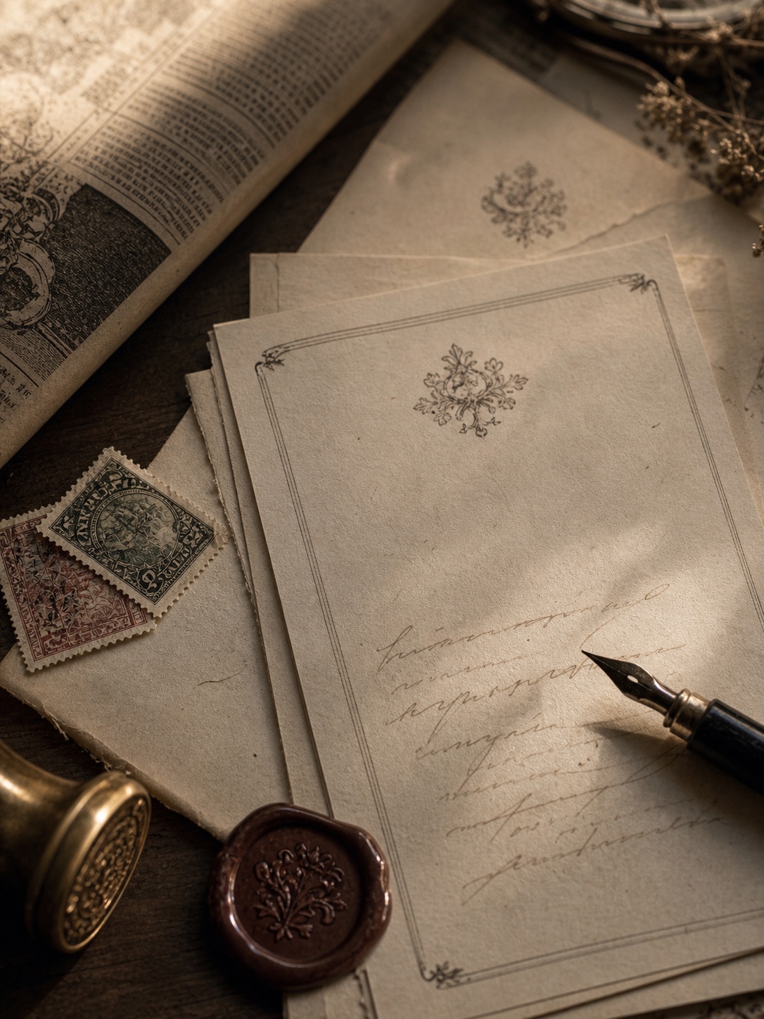 Flat lay of period-style graphic props including a vintage newspaper, hotel stationery, stamps, and wax seal.