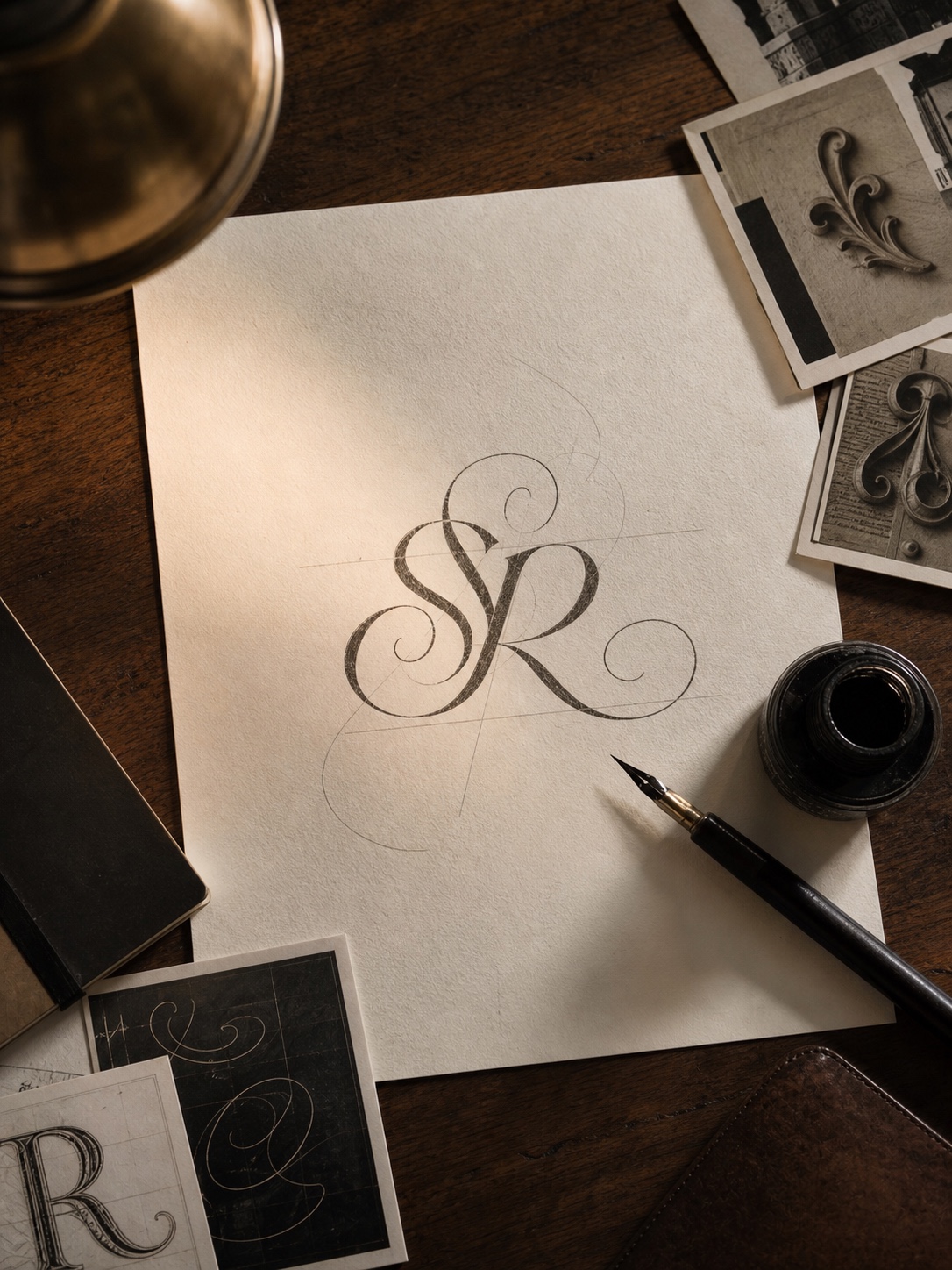 Designer workspace with hand-lettered logotype artwork, calligraphy tools, and portfolio prints showing ornate letterforms.