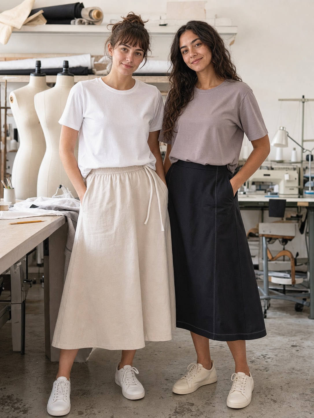 Two adult women wearing handmade T-shirts and midi skirts in a sewing classroom.