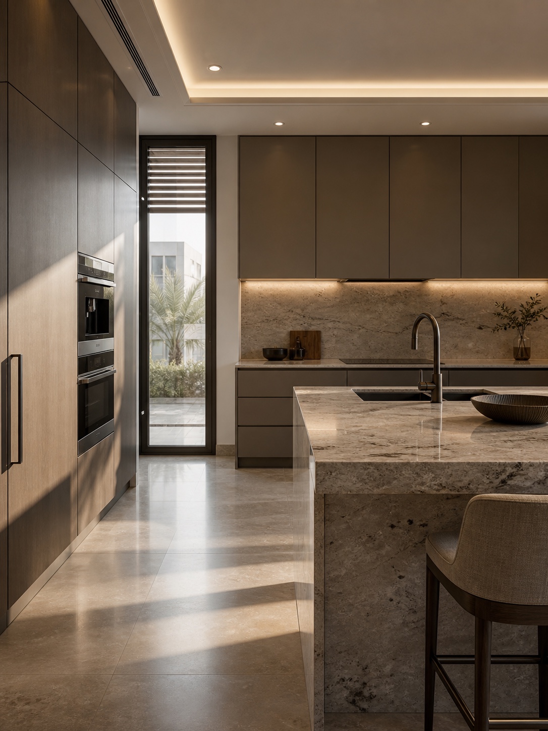 High-specification Abu Dhabi apartment kitchen with porcelain floors, integrated appliances, and stone countertop