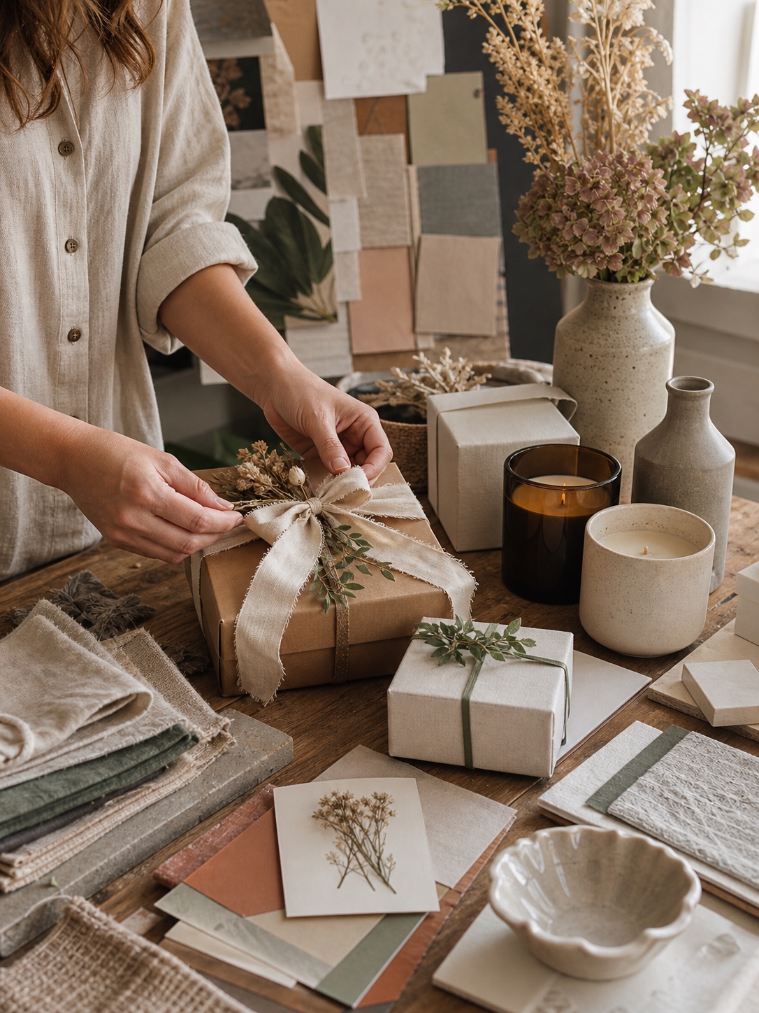 Lifestyle entrepreneur arranging handmade gifts, home decor samples, candles, textiles, and mood board.