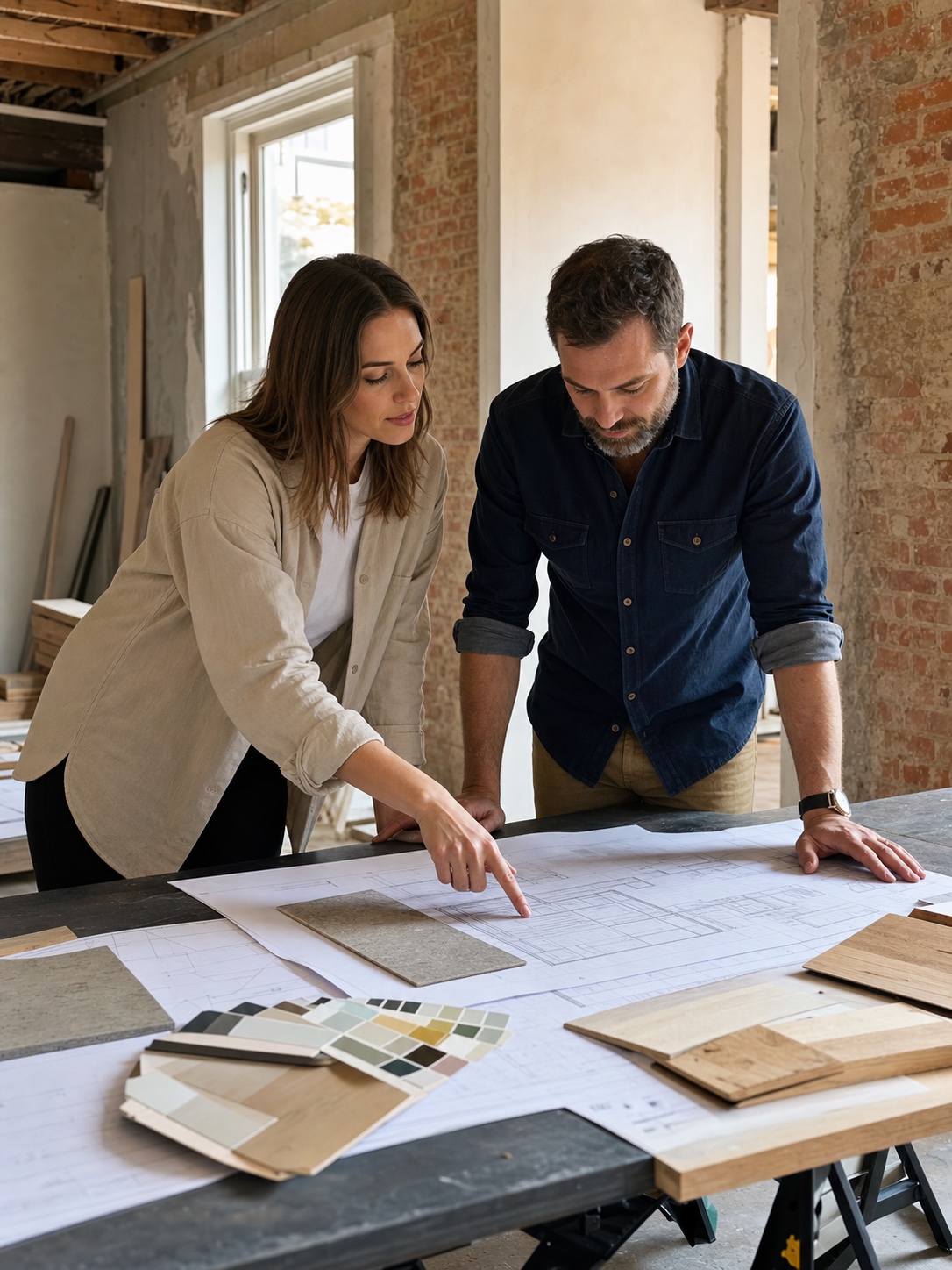Interior designer and contractor review blueprints and material samples in a sunlit renovation space.