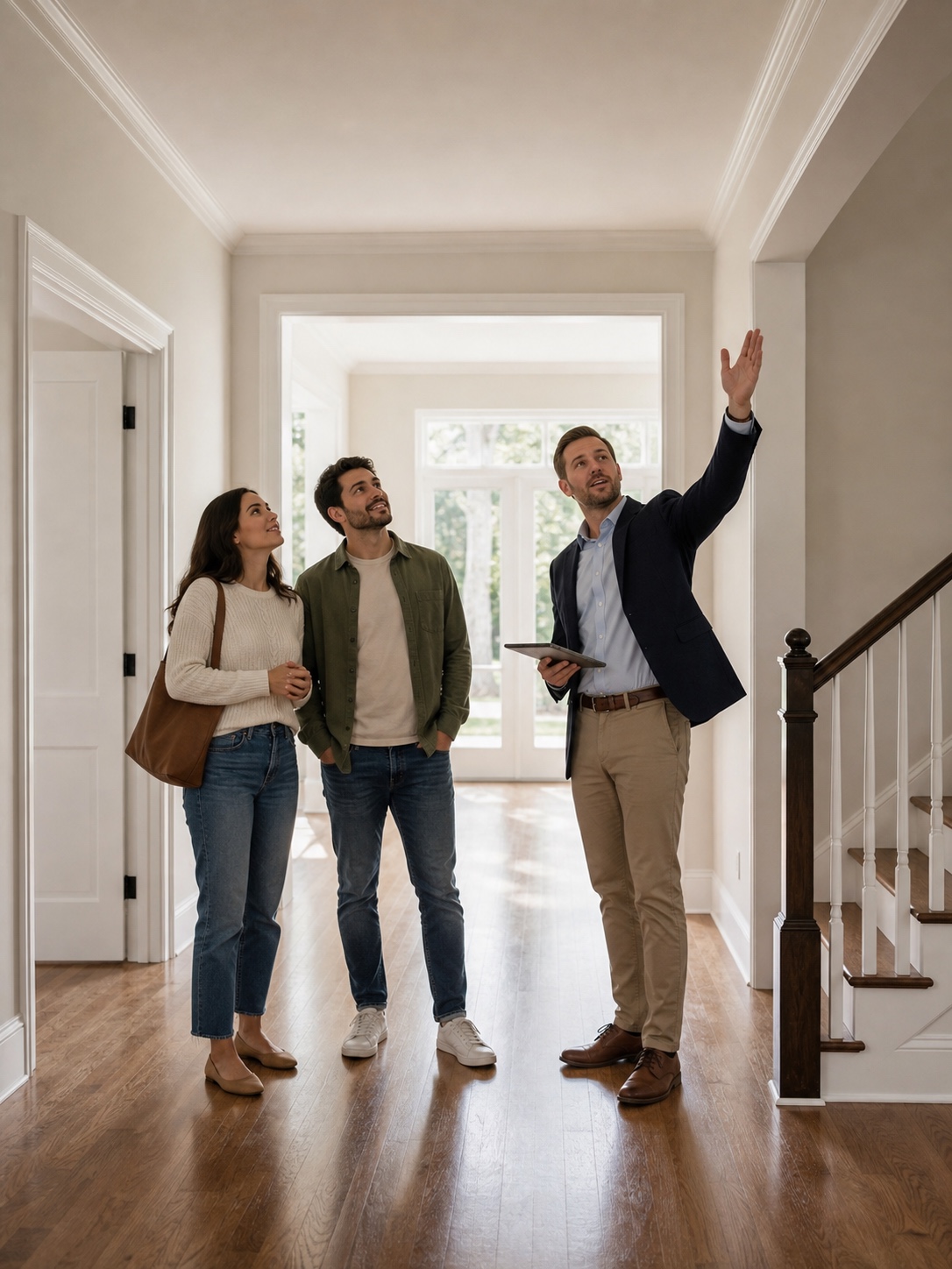 Young couple and realtor walking through a bright unfurnished home with hardwood floors and large windows.