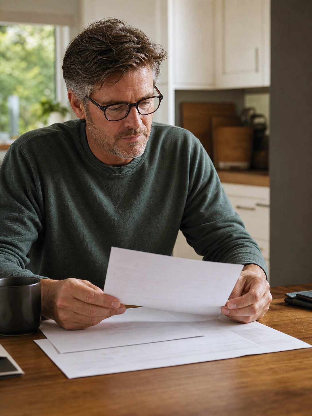 Homeowner reviews renovation contract papers at a kitchen table beside reading glasses and a coffee cup.