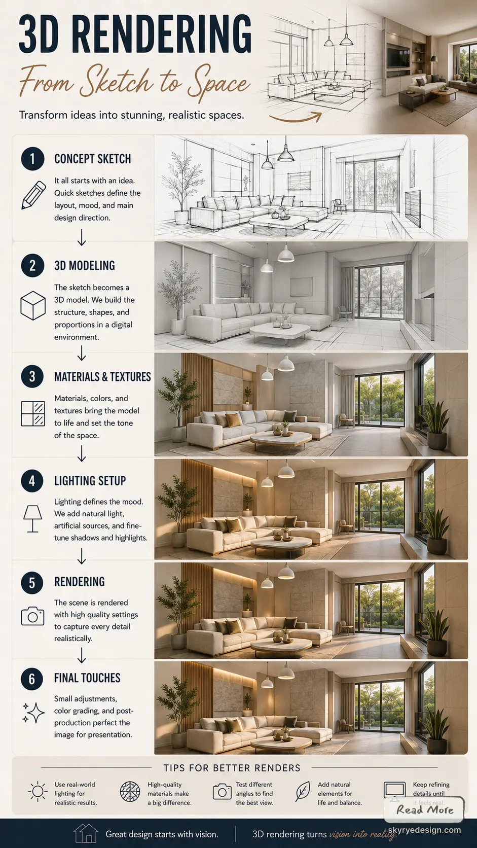 3D rendering infographic: six-step process showing a living room evolving from sketch to photoreal render