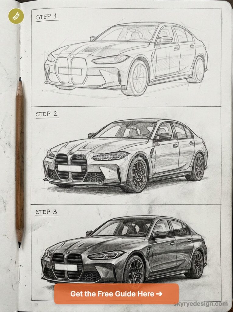 Pencil car sketch tutorial: three-step progression showing realistic sports sedan drawing.
