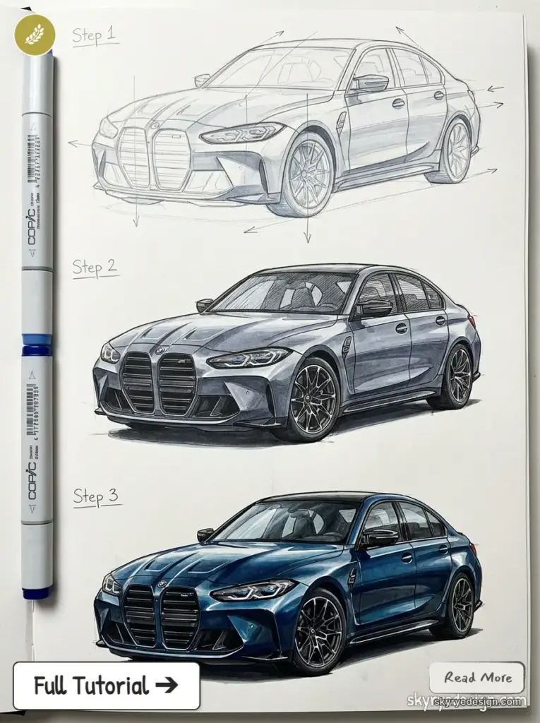 Three-step car drawing tutorial: Copic marker sketch to photorealistic blue BMW sedan rendering on paper