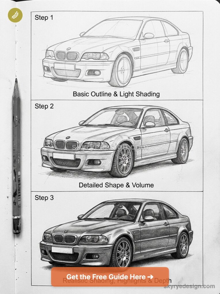 Three-step pencil tutorial: BMW coupe drawing progression from basic outline to detailed shape and realistic shading.