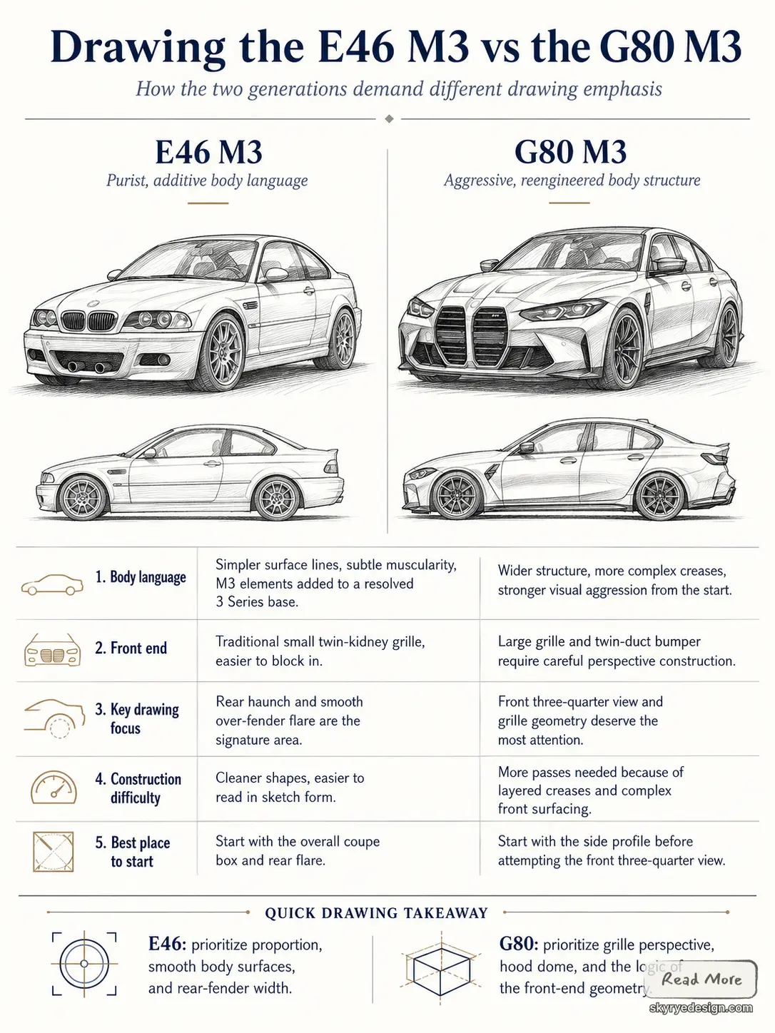 Infographic: E46 M3 vs G80 M3 sketches with front/side views, drawing tips and construction differences