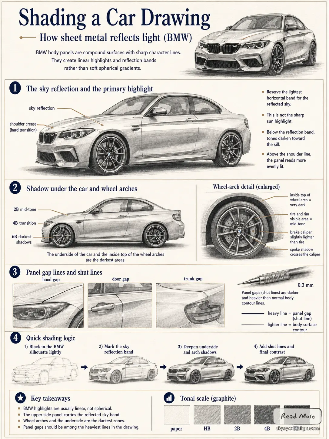 Infographic: step-by-step shading guide for drawing a BMW coupe, showing reflections, panel gaps, wheel-arch detail and tonal scale