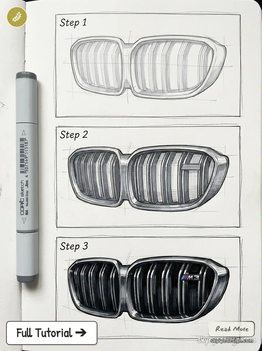 Three-step sketch tutorial of BMW M3 kidney grille, grayscale marker drawing with Copic pen.