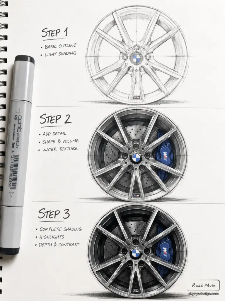 Three-step BMW M wheel sketch tutorial: step 1 outline, step 2 add detail, step 3 complete shading — marker beside