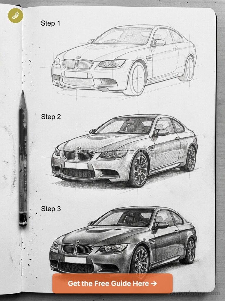 Three-step pencil sketch tutorial showing progression from rough outline to detailed realistic BMW coupe in a sketchbook