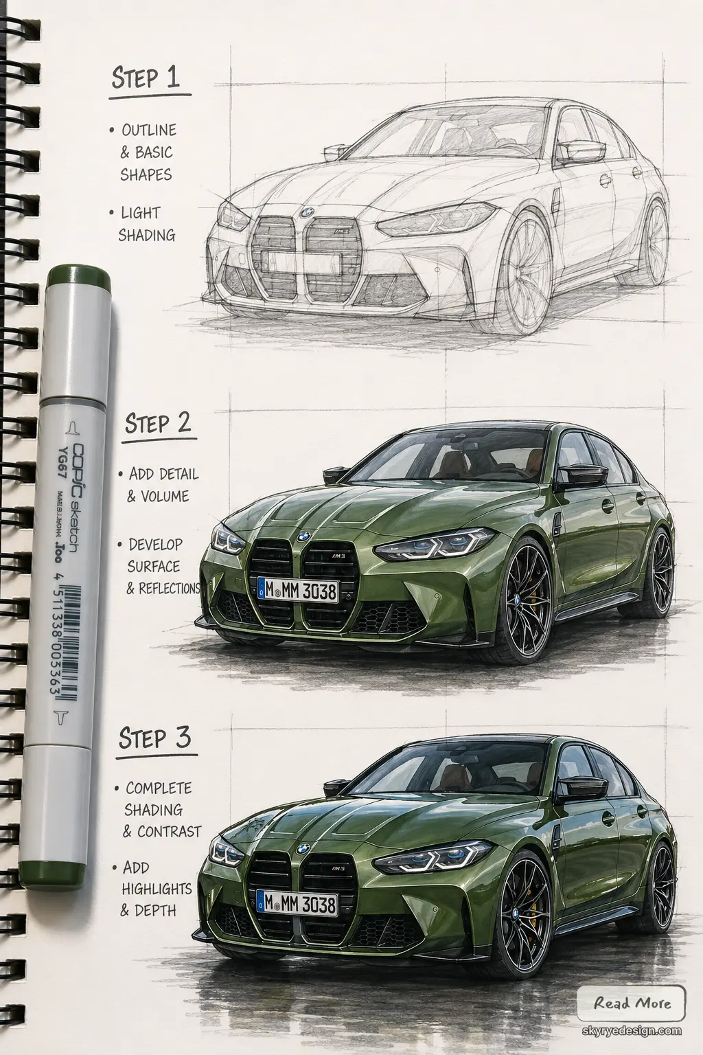 BMW M3 drawing tutorial — step-by-step sketch to photorealistic green marker rendering with Copic in spiral sketchbook