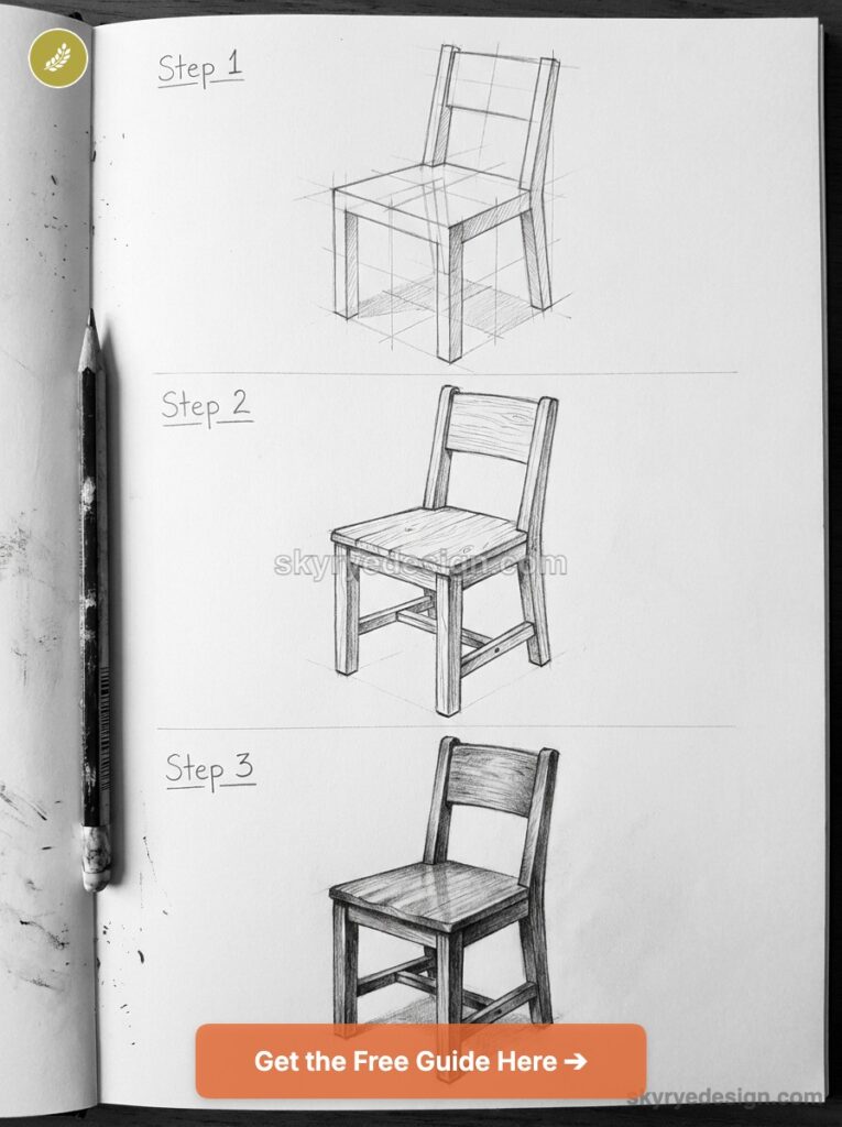 tutorial-wooden-chair Step-by-step pencil chair drawing tutorial in sketchbook showing three stages of a wooden chair sketch with pencil. | Sky Rye Design Step-by-step pencil chair drawing tutorial in sketchbook showing three stages of a wooden chair sketch with pencil.