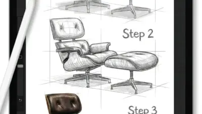 Step-by-step digital sketch of an Eames lounge chair and ottoman on a tablet with stylus, showing raw to final render