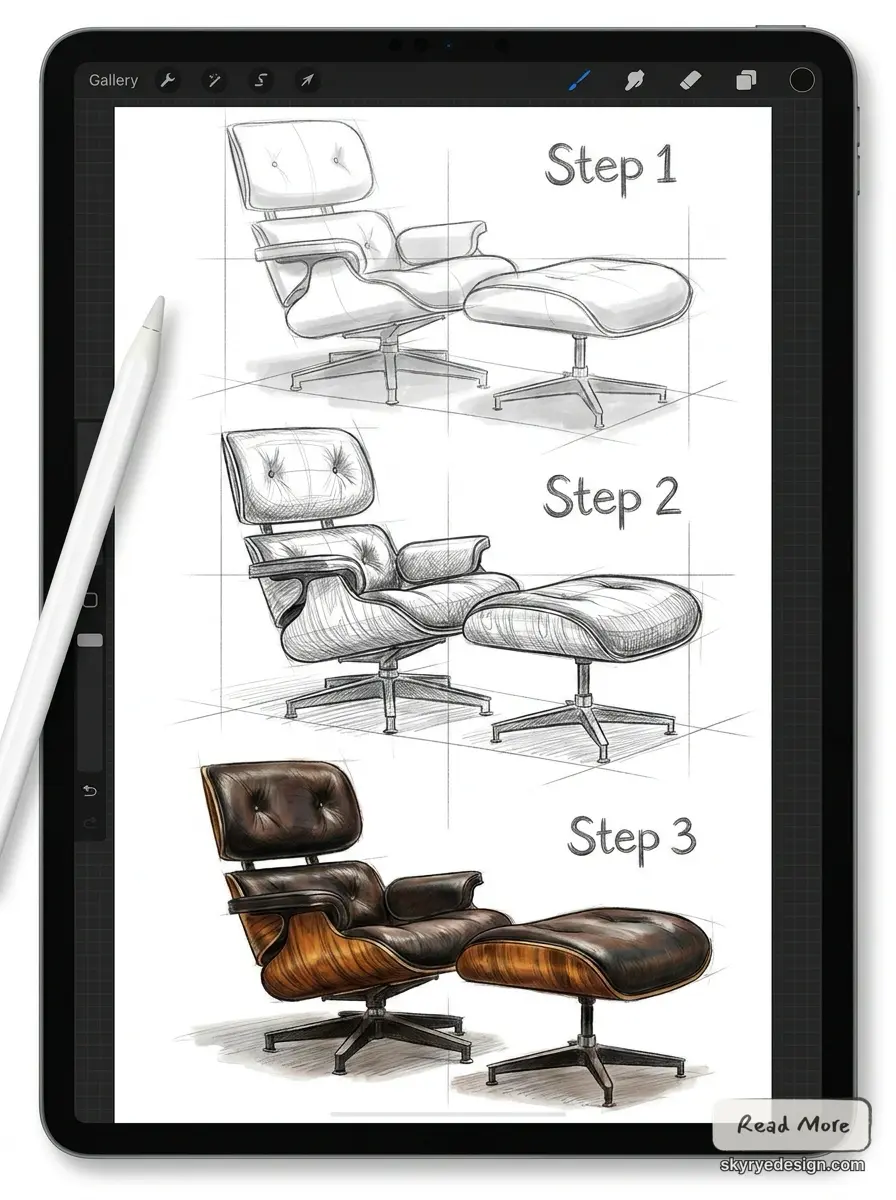 Drawing_Eames_Lounge_Chair_tutorial_202606090313 Step-by-step digital sketch of an Eames lounge chair and ottoman on a tablet with stylus, showing raw to final render | Sky Rye Design Step-by-step digital sketch of an Eames lounge chair and ottoman on a tablet with stylus, showing raw to final render