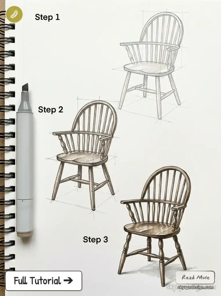 copic-tutorial-1780964390141 Windsor chair drawing tutorial: three-step sketch-to-shaded illustration in a sketchbook with marker. | Sky Rye Design Windsor chair drawing tutorial: three-step sketch-to-shaded illustration in a sketchbook with marker.