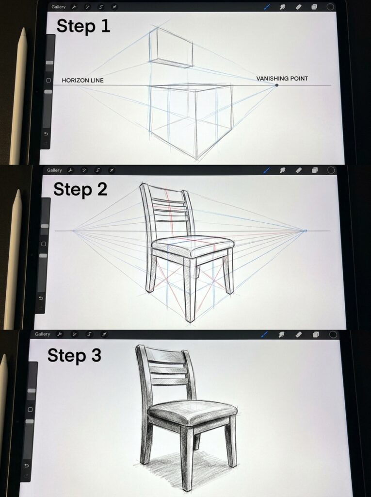 Drawing_chair_tutorial_steps_202606090317 Tablet showing three-step perspective chair tutorial: horizon/vanishing points, construction sketch, final shaded chair. | Sky Rye Design Tablet showing three-step perspective chair tutorial: horizon/vanishing points, construction sketch, final shaded chair.