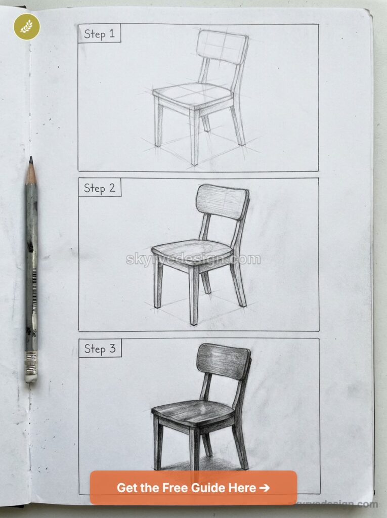 tutorial-chair Step-by-step pencil sketch tutorial of a wooden chair in three stages on a sketchbook page, pencil at left | Sky Rye Design Step-by-step pencil sketch tutorial of a wooden chair in three stages on a sketchbook page, pencil at left