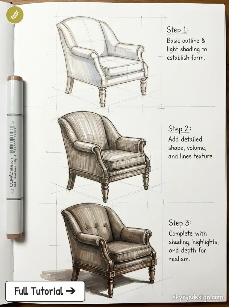 copic-tutorial-1780963759459 Three-step chair drawing tutorial: Step 1 shows basic outline, Step 2 adds shape and texture, Step 3 adds shading for realism. | Sky Rye Design Three-step armchair sketch tutorial: basic outline, added texture/volume, and finished shaded realistic chair.