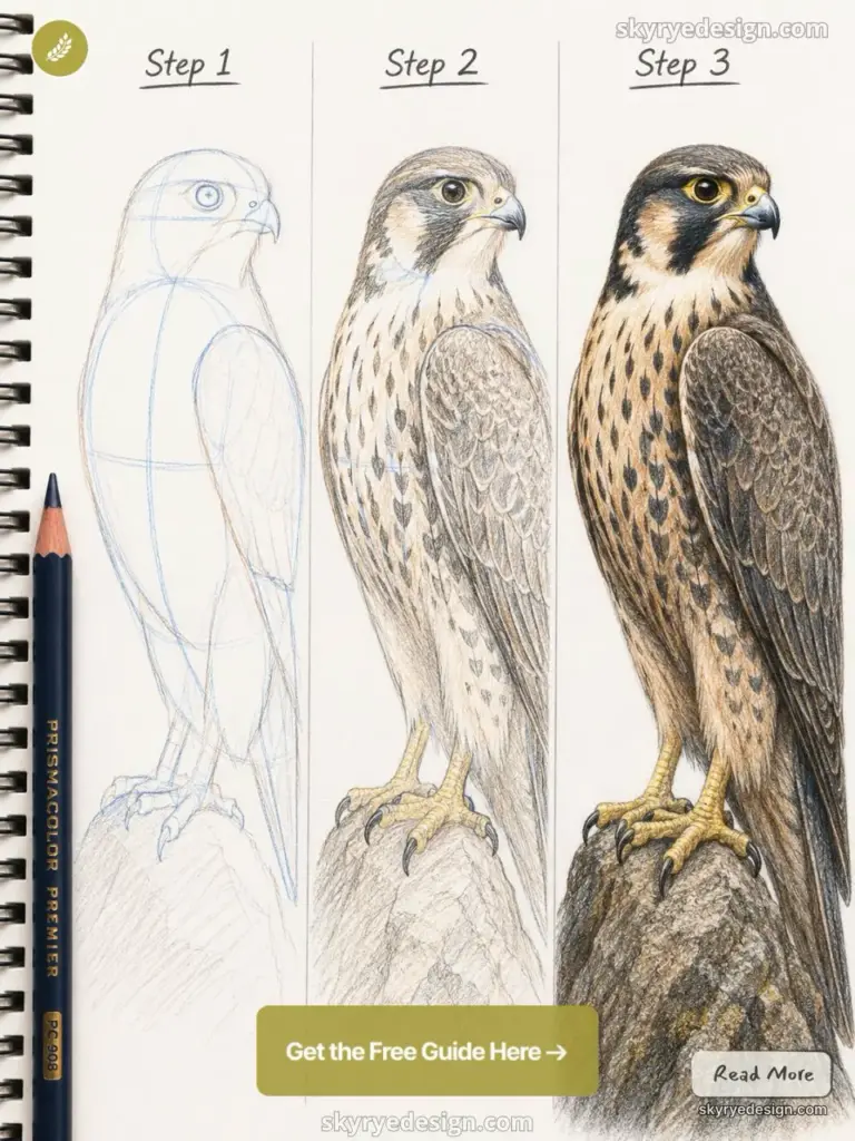 Step-by-step colored-pencil falcon drawing: sketch, mid-tone shading, and final realistic full-color bird on sketchbook page.
