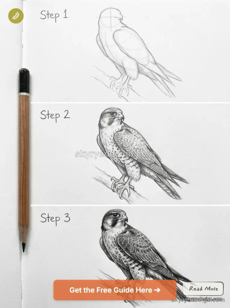 Three-step pencil drawing tutorial showing a falcon perched on a branch, from sketch to detailed shading