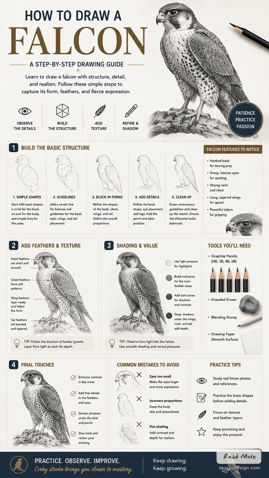 Infographic: step-by-step pencil drawing guide to a realistic falcon — basic shapes, feathers, shading, tools & tips