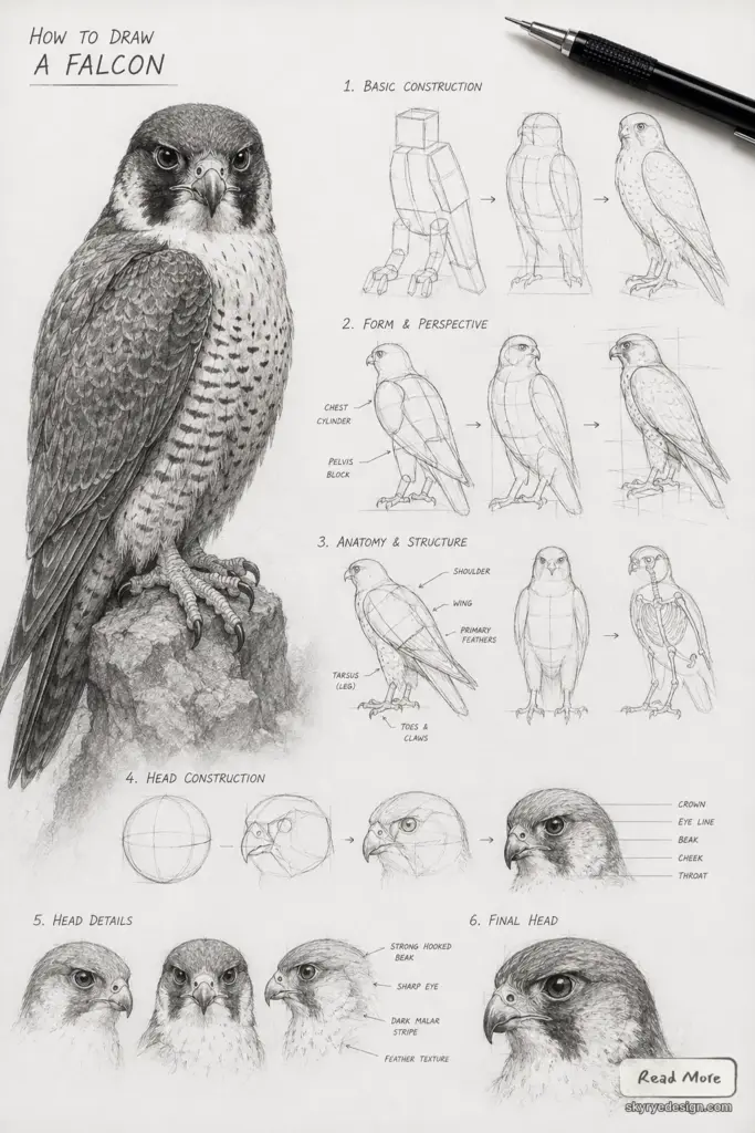 How to draw a falcon - pencil step-by-step tutorial: construction, form, anatomy, head details and final rendering.