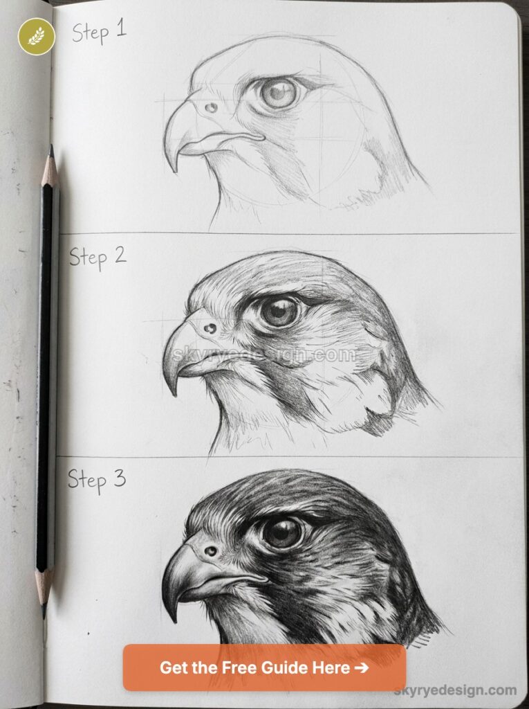 Falcon head pencil drawing step-by-step tutorial on a sketchbook page with a pencil and orange CTA button