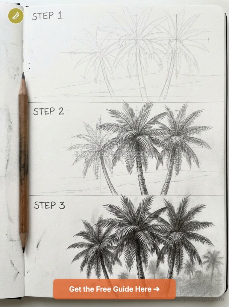 Palm tree pencil sketch tutorial in three steps on a sketchbook page with a pencil