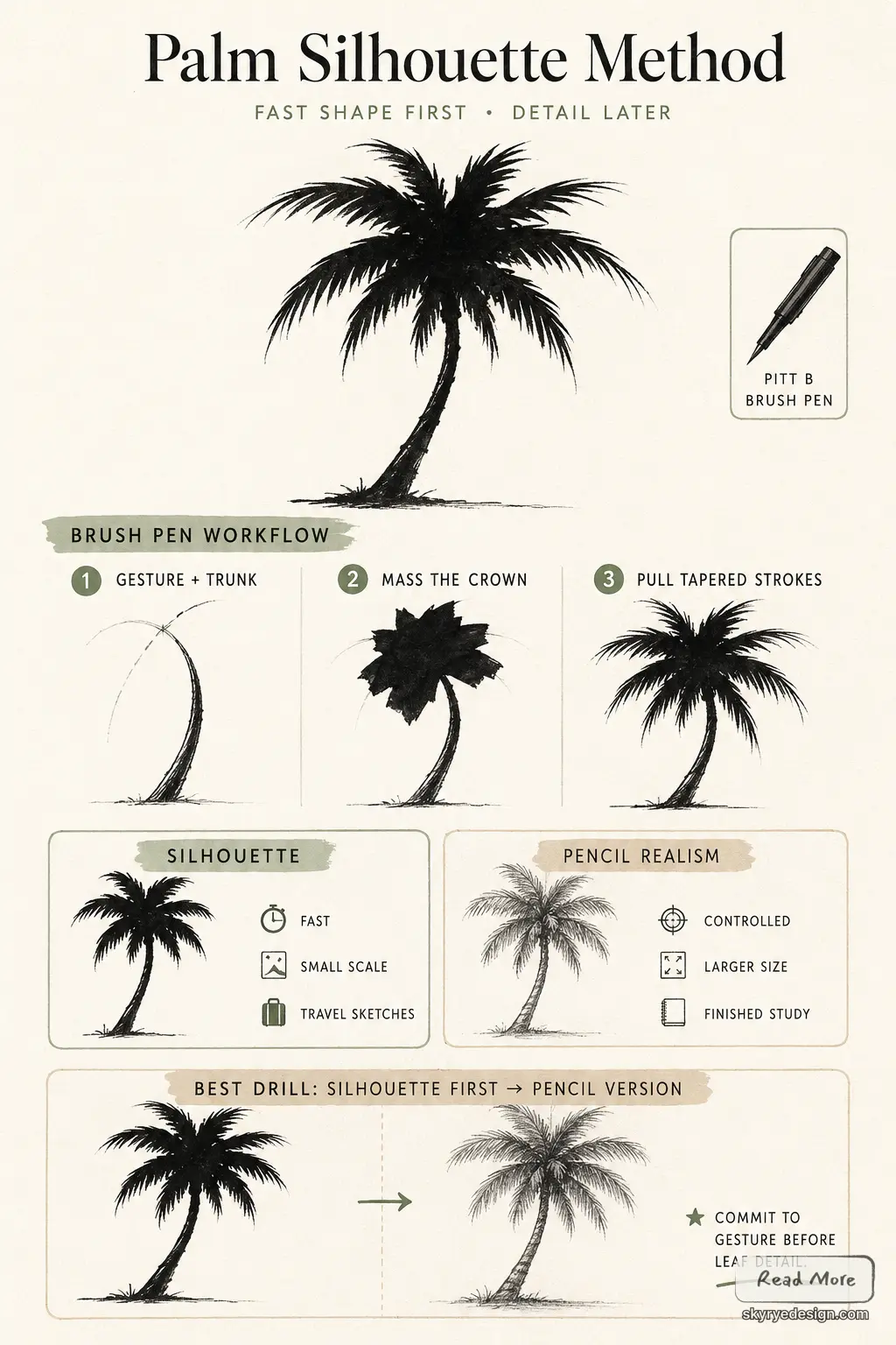 Palm Silhouette Method infographic: brush-pen workflow and step-by-step palm tree drawing from silhouette to pencil realism