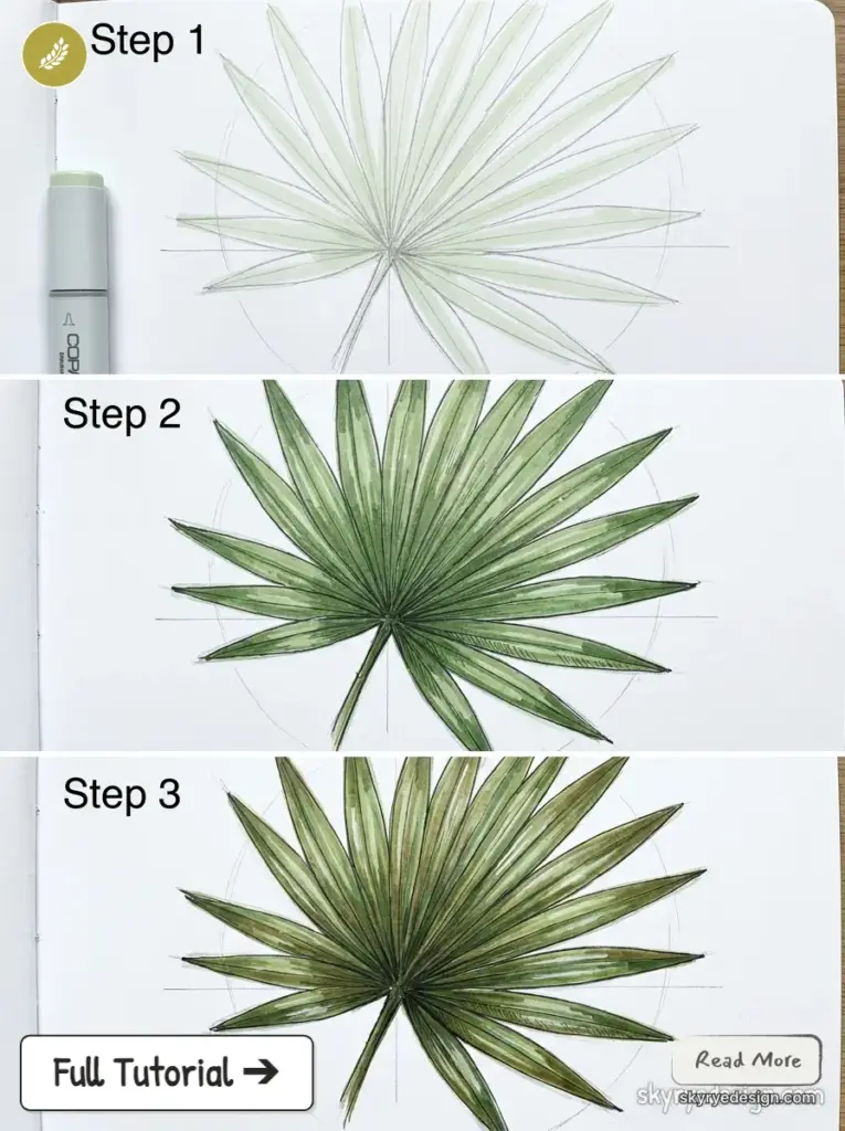 Fan palm leaf drawing tutorial, step-by-step pencil sketch to shaded green marker illustration