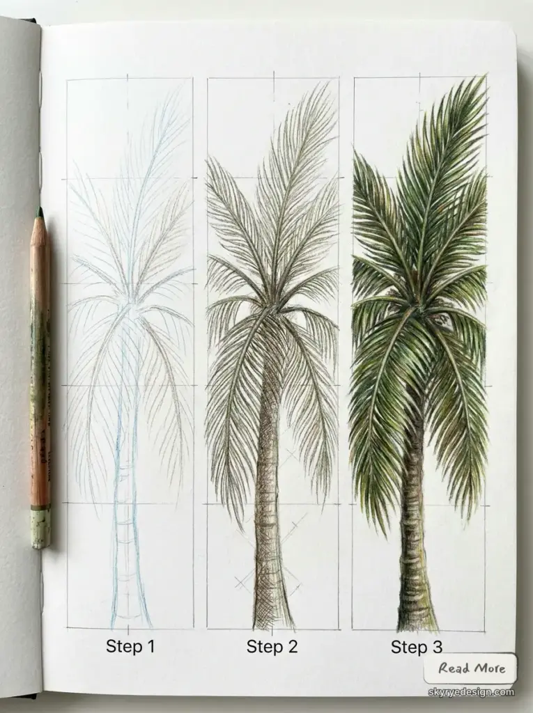 Palm tree drawing tutorial in sketchbook: 3-step progression from pencil outline to shaded trunk to colored fronds