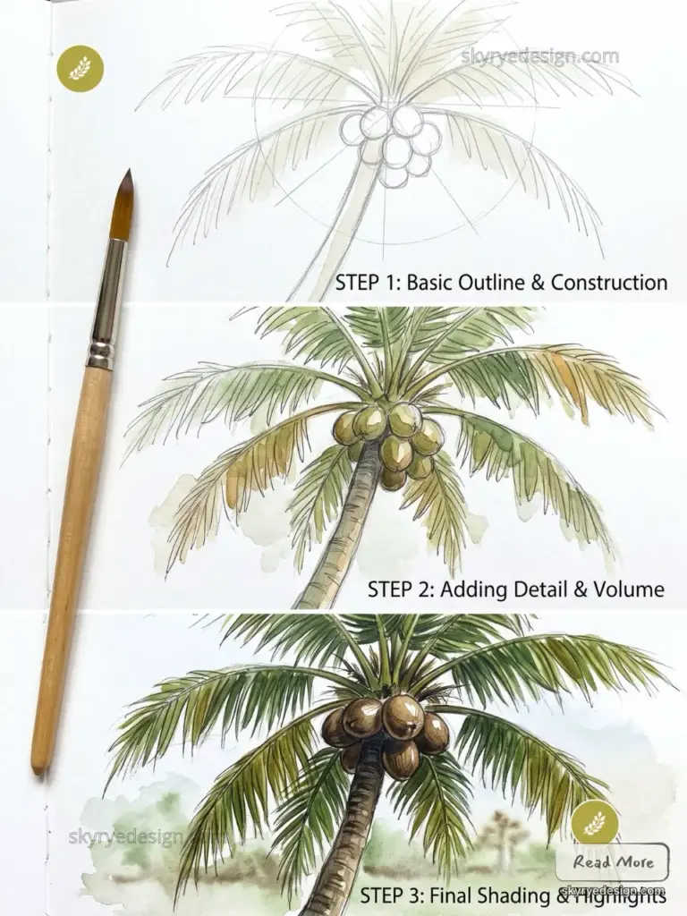 Watercolor tutorial: three-step coconut palm sketch (outline, detail, final shading) with paintbrush.