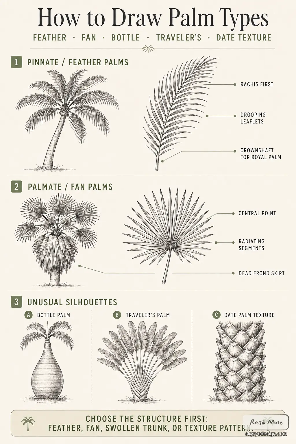 Infographic: how to draw palm types with sketches—pinnate (feather), palmate (fan), bottle, traveler's, date texture