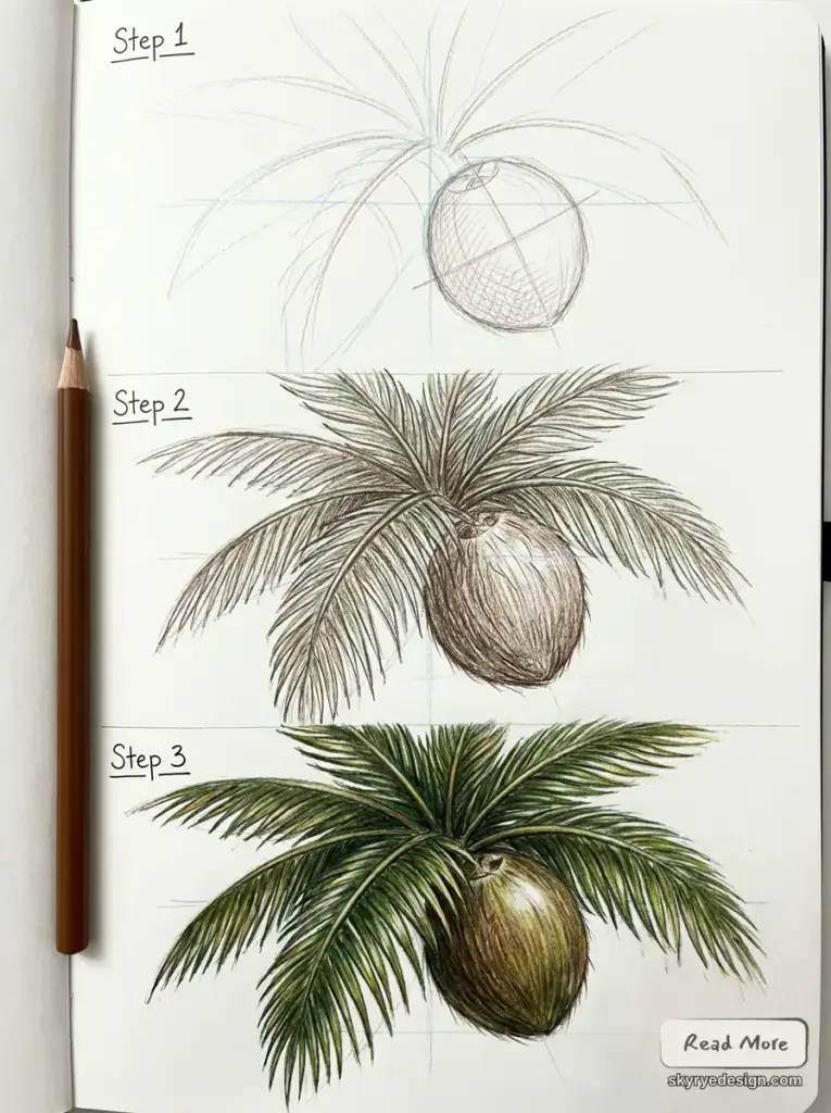 3-step coconut drawing tutorial in sketchbook: pencil sketch to detailed colored palm fronds and coconut.