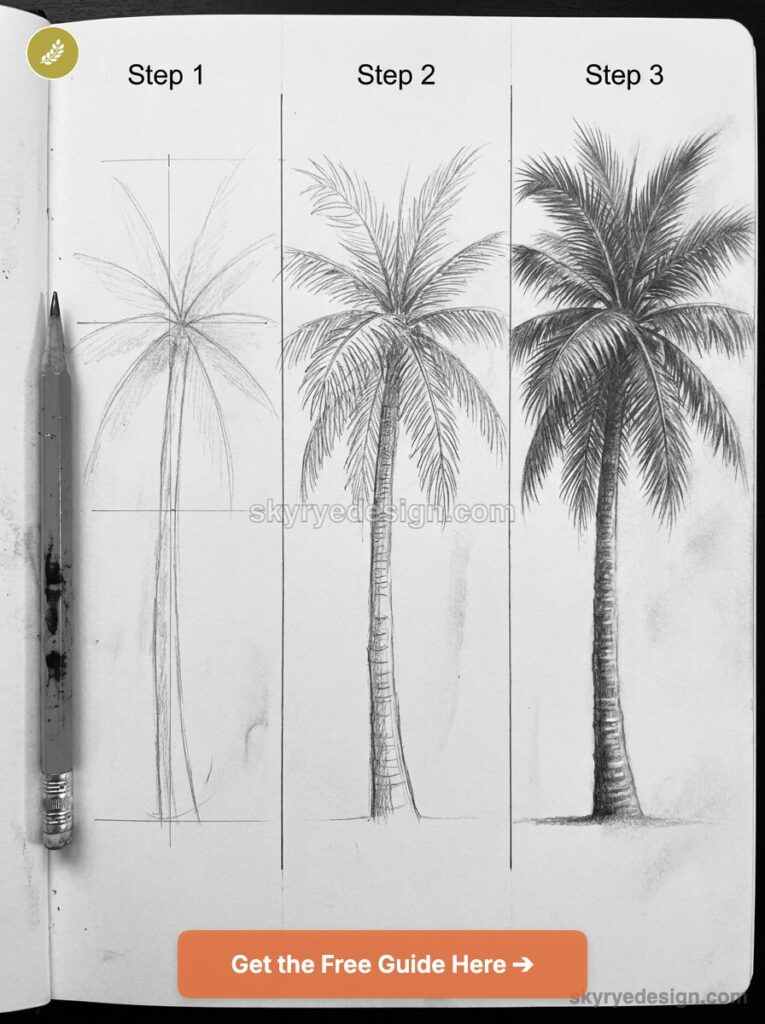 Step-by-step palm tree pencil drawing tutorial showing rough sketch, detailed fronds and shaded final tree.