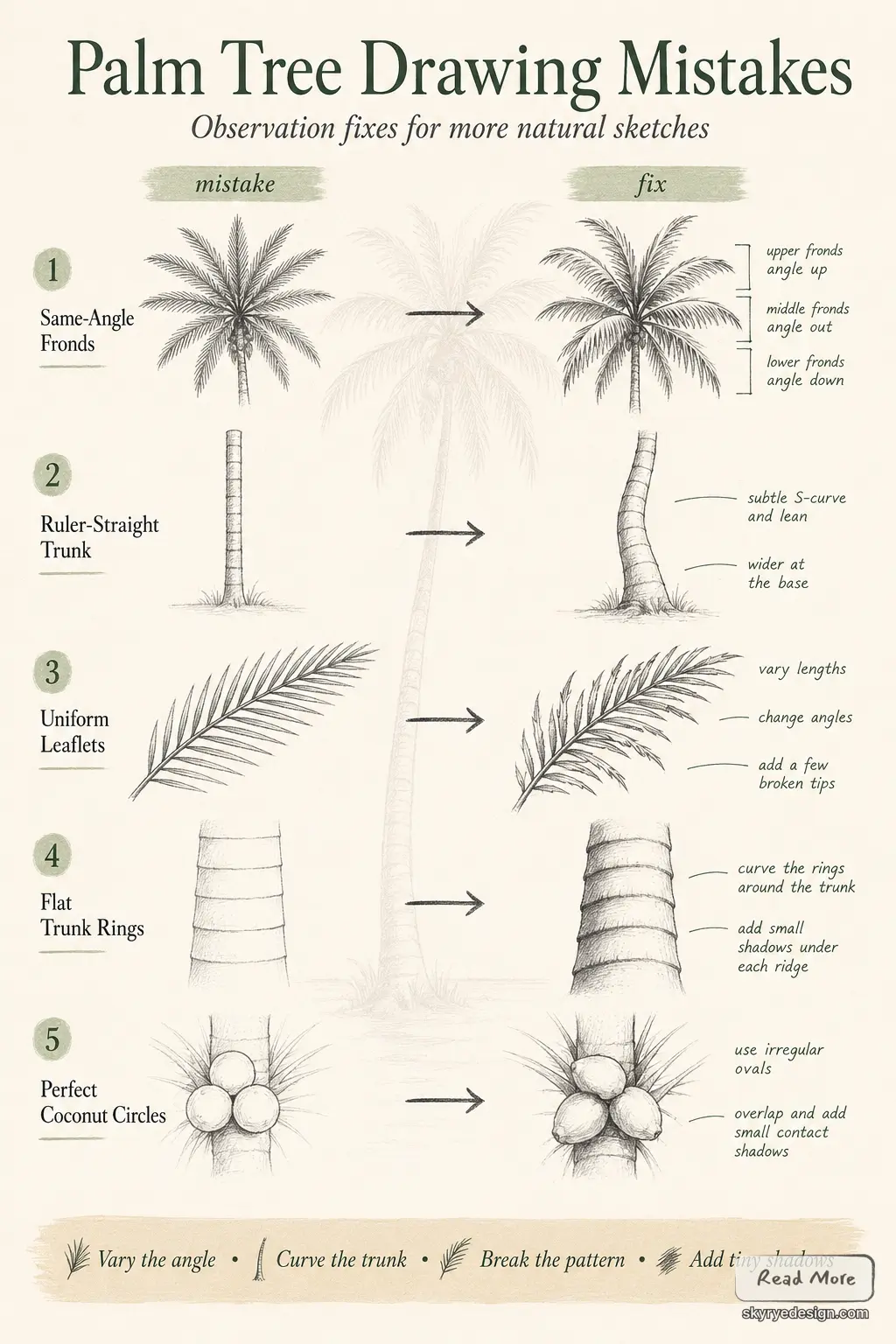 Palm tree drawing mistakes infographic: fixes and tips for fronds, trunk, leaflets, rings, coconuts
