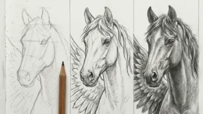 Three-step pencil tutorial showing progressive sketches of a winged horse (pegasus) with pencil on paper