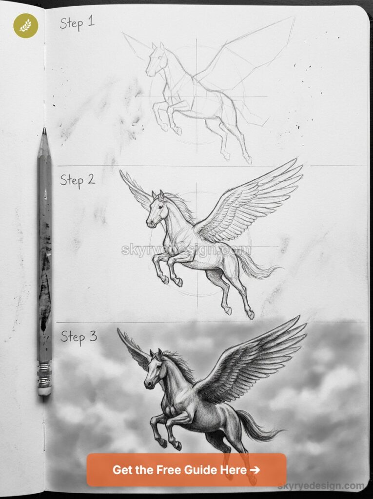 Step-by-step pencil tutorial: three-stage Pegasus (winged horse) drawing from rough sketch to detailed shaded illustration