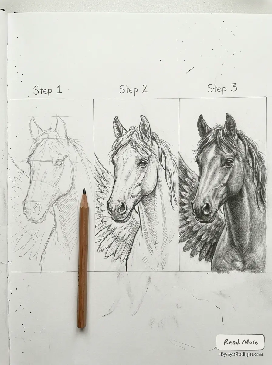 Three-step pencil tutorial showing progressive sketches of a winged horse (pegasus) with pencil on paper
