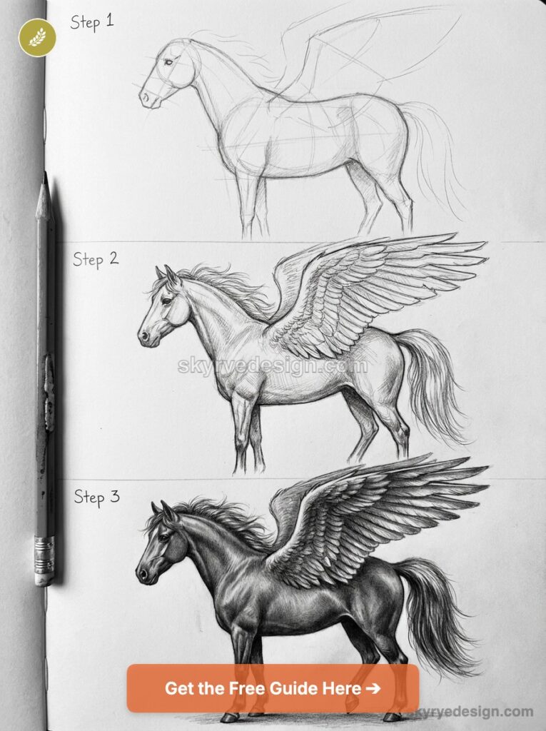 Step-by-step pencil pegasus drawing tutorial showing three sketch stages of a winged horse on a sketchbook page.