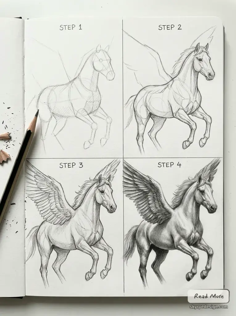Pegasus drawing tutorial — step-by-step pencil sketches showing four stages from basic shapes to shaded realism