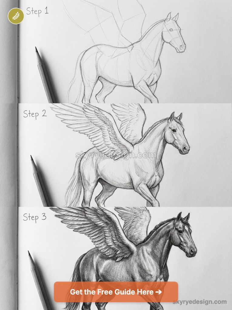 Step-by-step pencil sketch progression of a Pegasus (winged horse) in three stages with pencils and'Get the Free Guide' CTA