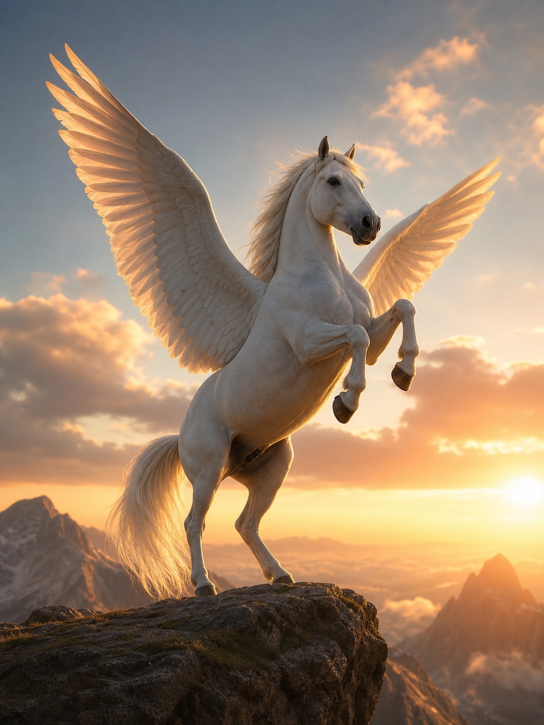 A rearing Pegasus on a cliff at golden hour with wings spread wide.