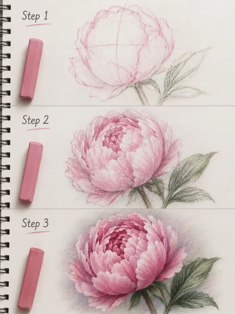 Step-by-step peony drawing tutorial: pink pastel sketch to fully rendered pink peony in spiral sketchbook